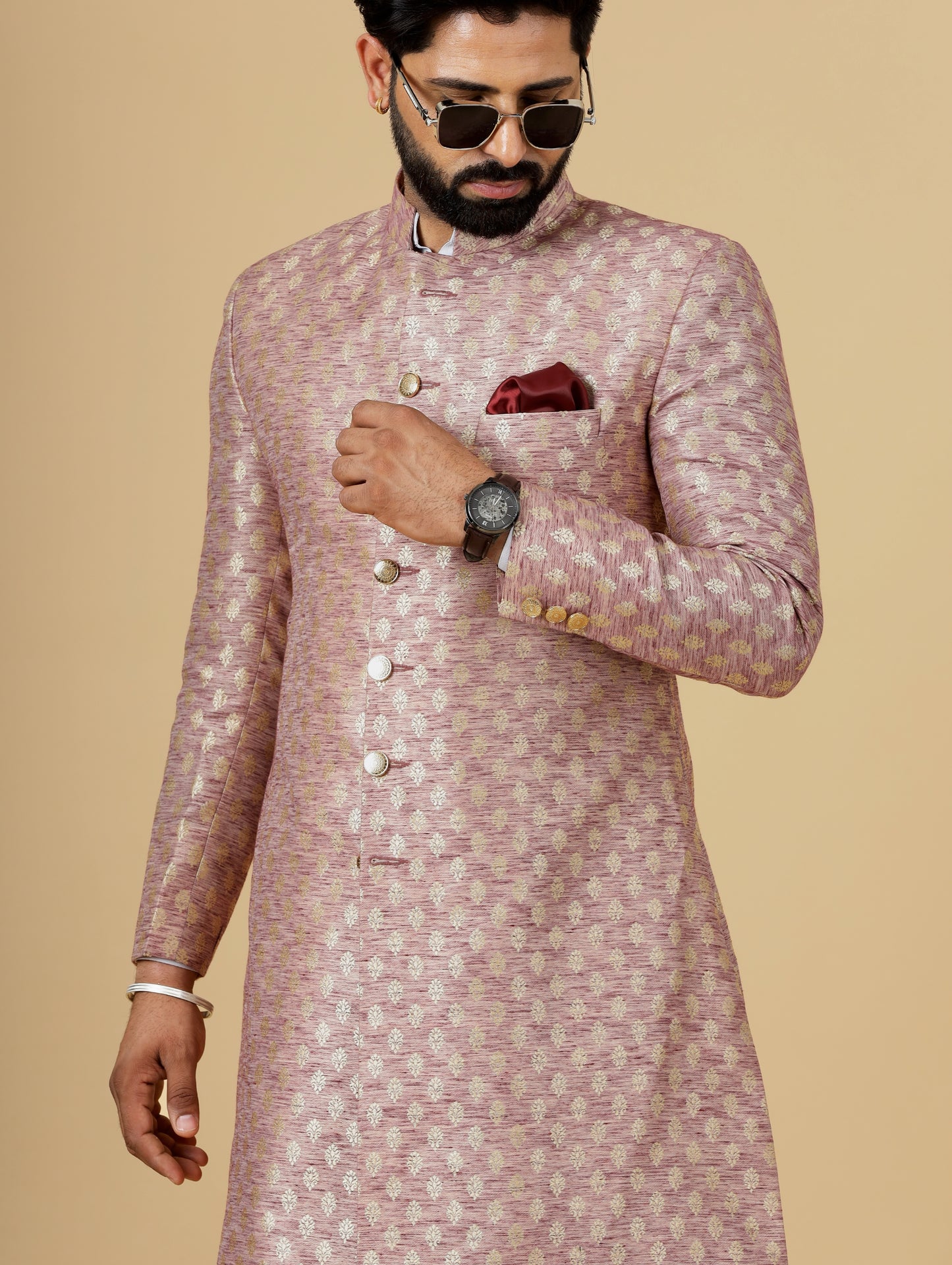 Stunning Rose Gold Banarasi Brocade Achkan for Men | Father Son Combo | Perfect for Grooms