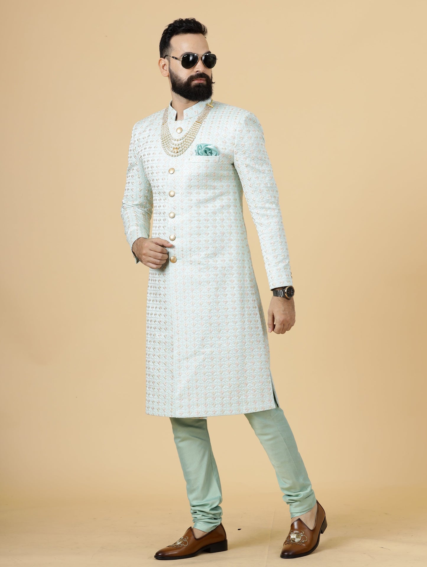 Alluring Mint Green Floral thread embroidered Sherwani for Men | Father Son Combo |Perfect for Grooms