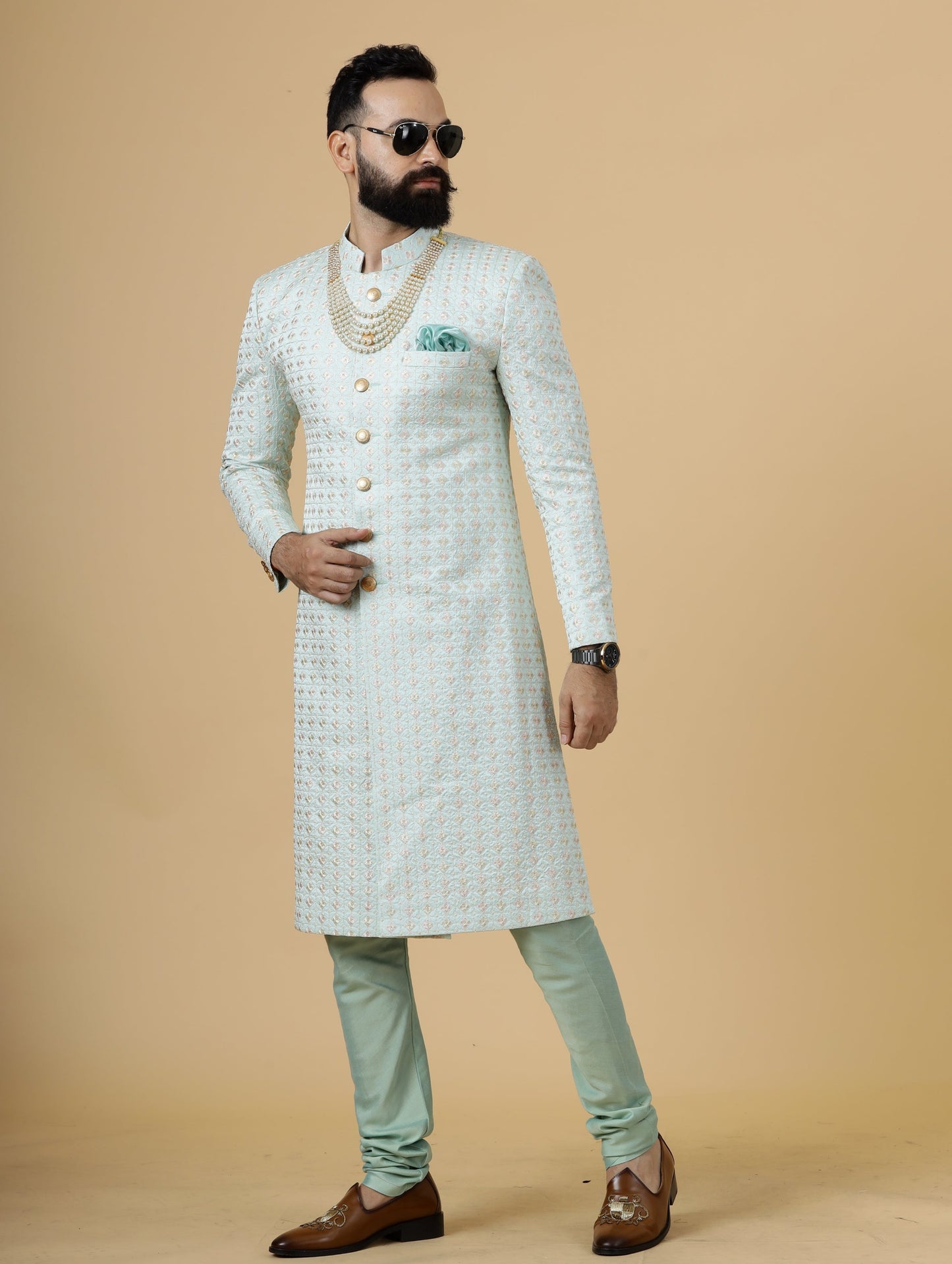 Alluring Mint Green Floral thread embroidered Sherwani for Men | Father Son Combo |Perfect for Grooms