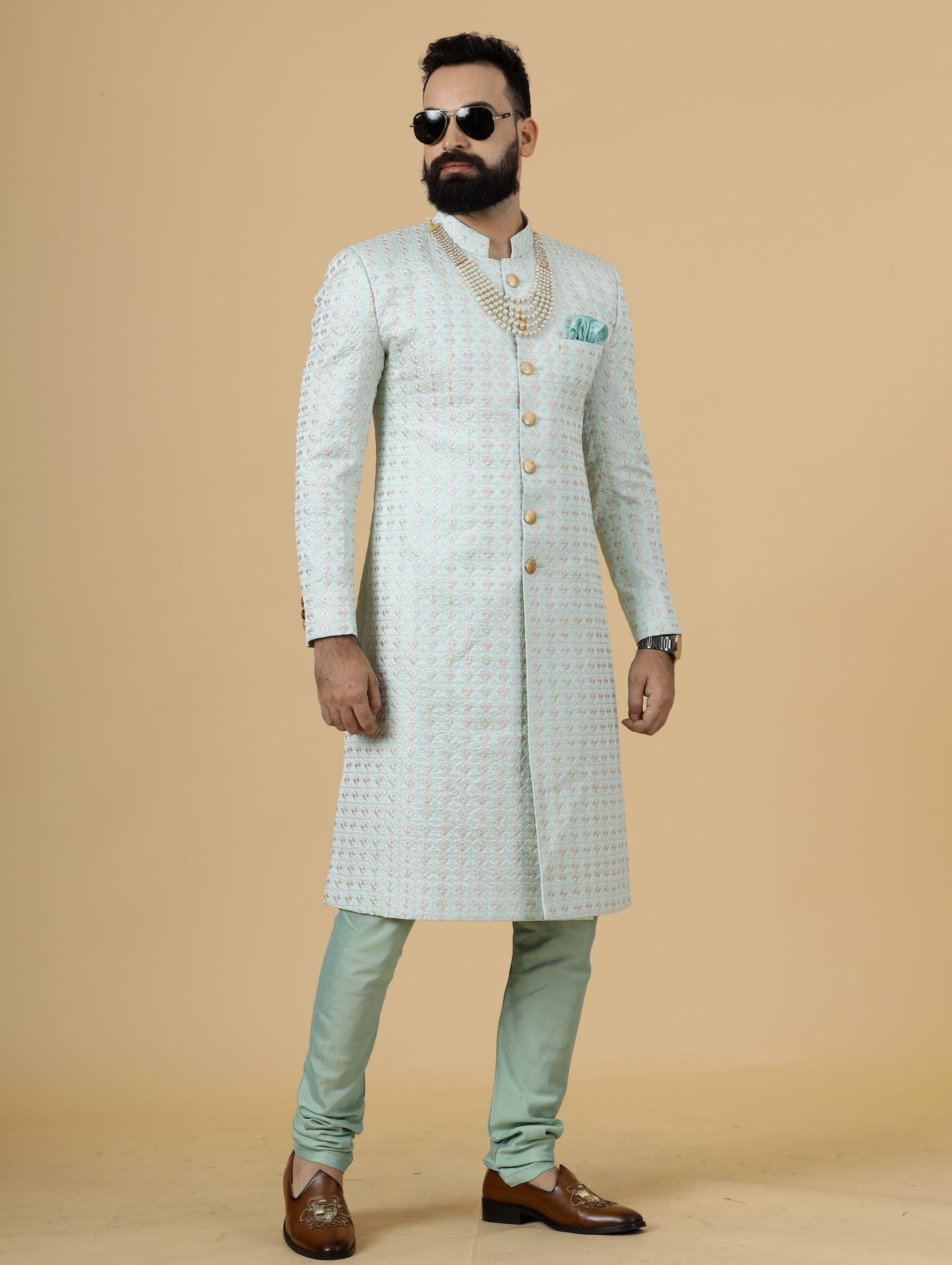 Alluring Mint Green Floral thread embroidered Sherwani for Men | Father Son Combo |Perfect for Grooms