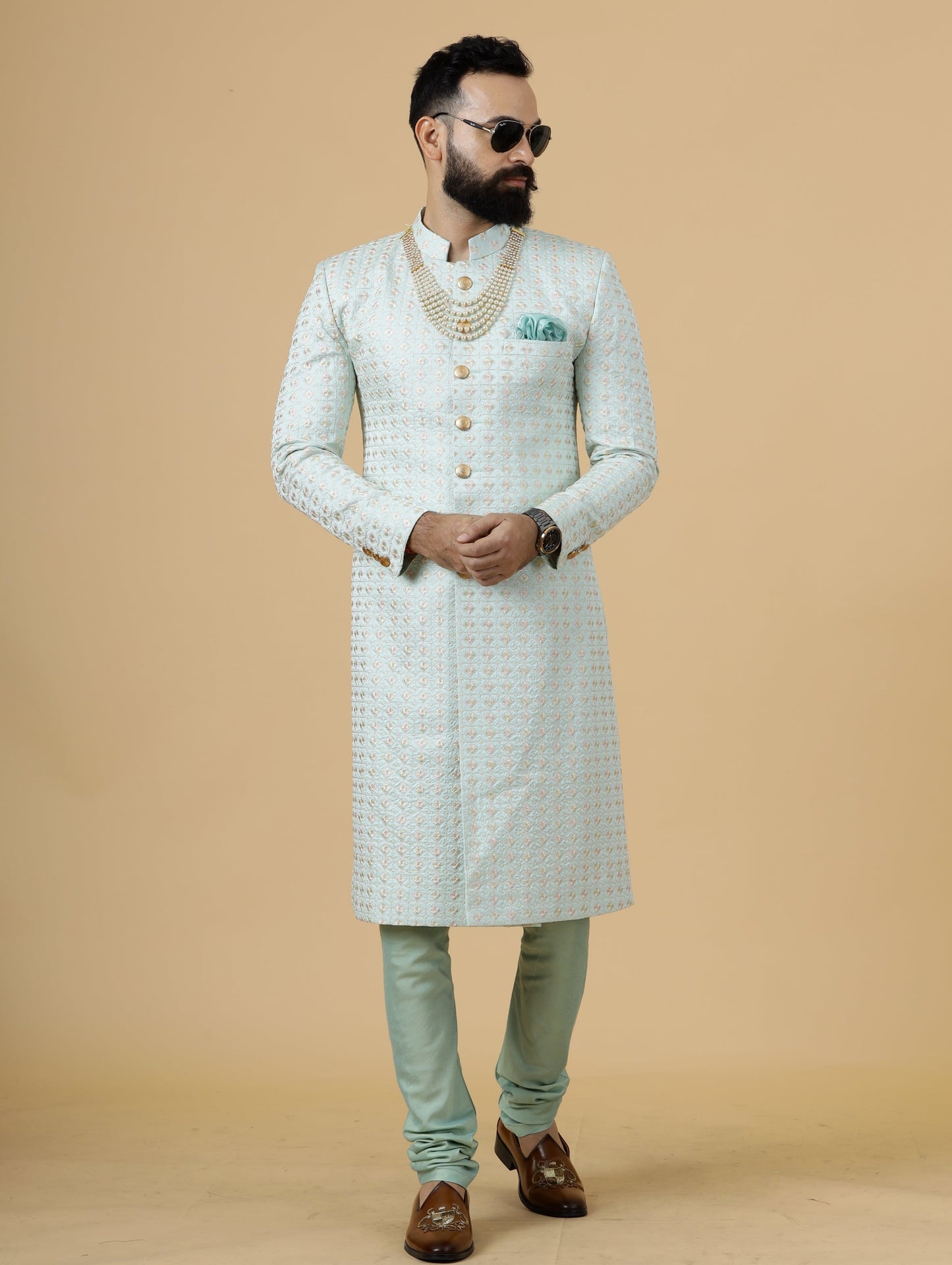 Alluring Mint Green Floral thread embroidered Sherwani for Men | Father Son Combo |Perfect for Grooms