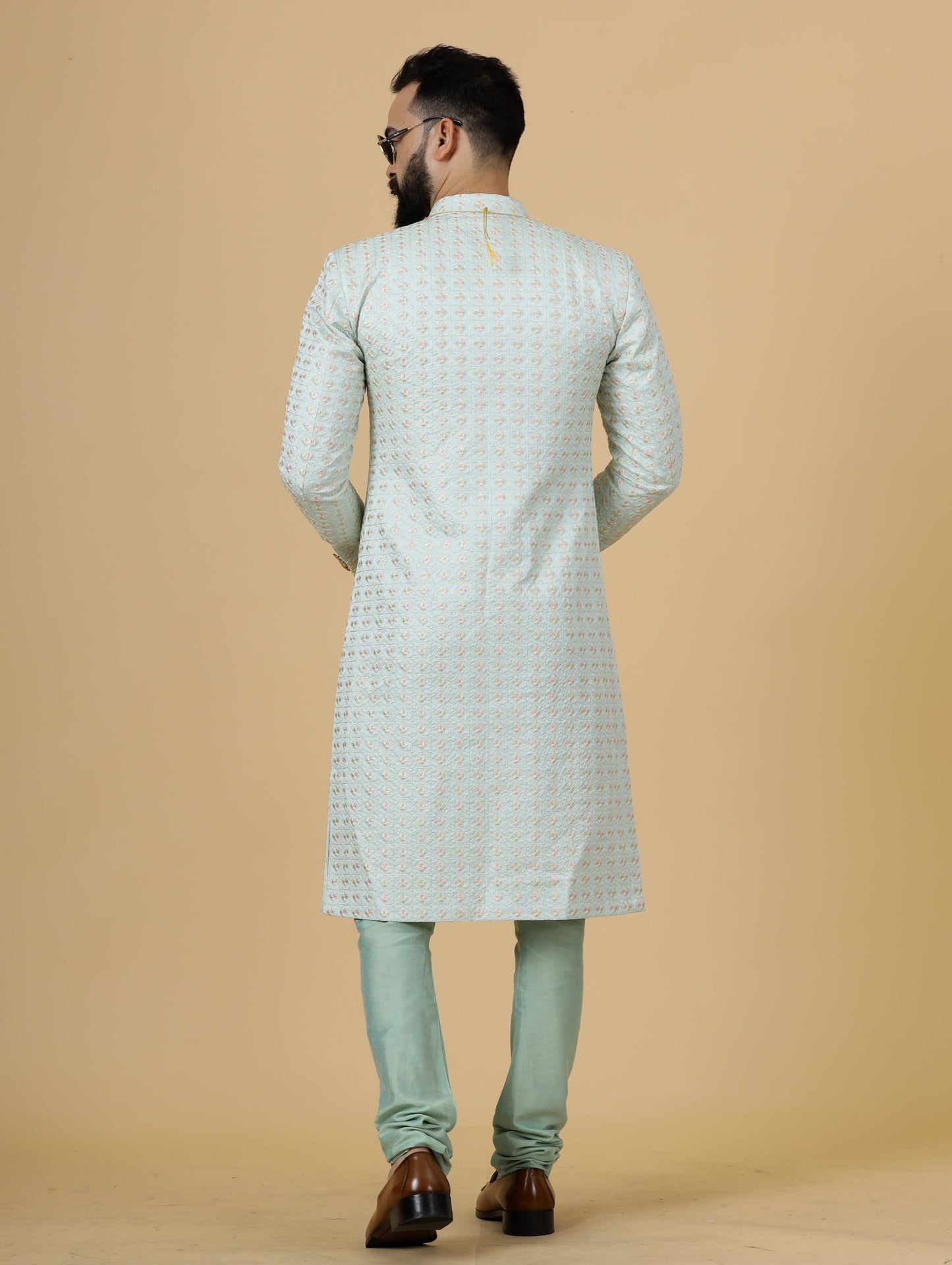 Alluring Mint Green Floral thread embroidered Sherwani for Men | Father Son Combo |Perfect for Grooms