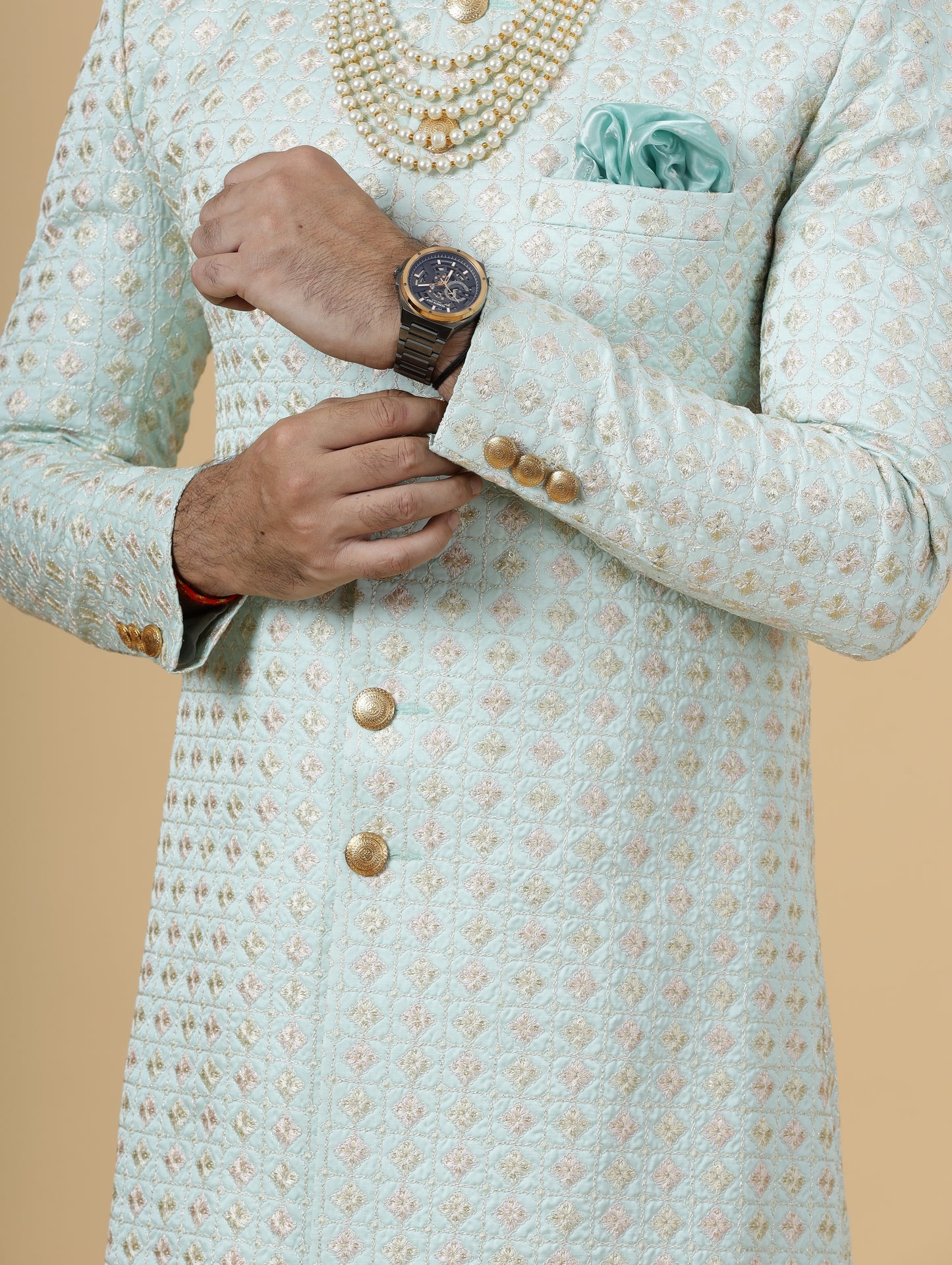 Alluring Mint Green Floral thread embroidered Sherwani for Men | Father Son Combo |Perfect for Grooms