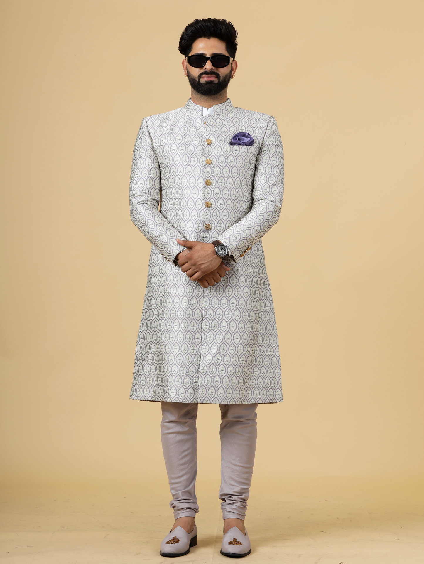 Stunning Beige Banarasi Brocade Achkan with Lilac Churidar for Men | Father Son Combo| Perfect for Grooms