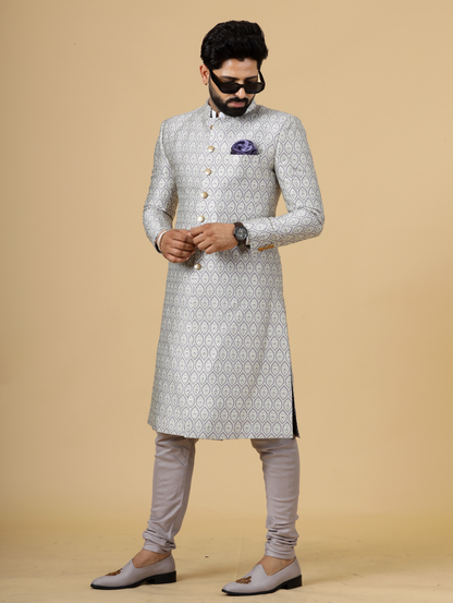 Stunning Beige Banarasi Brocade Achkan with Lilac Churidar for Men | Father Son Combo| Perfect for Grooms