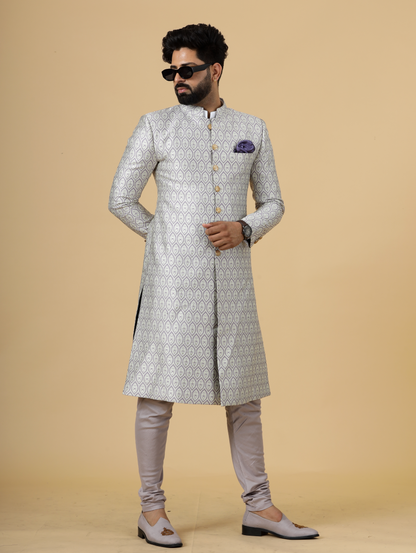 Stunning Beige Banarasi Brocade Achkan with Lilac Churidar for Men | Father Son Combo| Perfect for Grooms