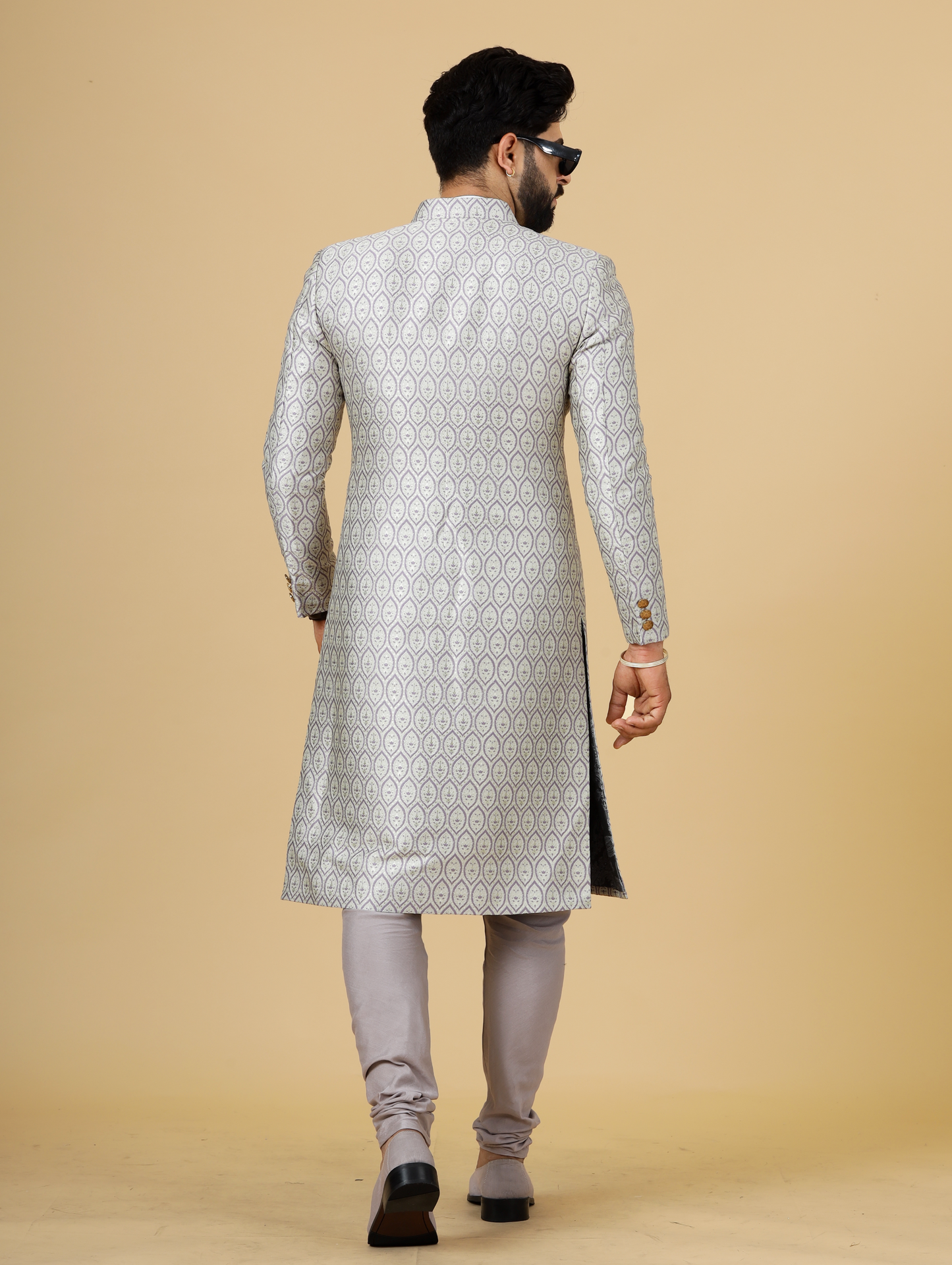 Stunning Beige Banarasi Brocade Achkan with Lilac Churidar for Men | Father Son Combo| Perfect for Grooms