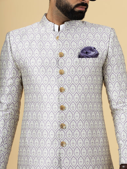 Stunning Beige Banarasi Brocade Achkan with Lilac Churidar for Men | Father Son Combo| Perfect for Grooms