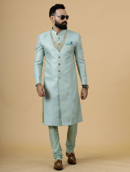 Stunning Sea Foam Banarasi Brocade Achkan for Men | Father Son Combo | Pastel Colour Sherwani | Perfect for Grooms