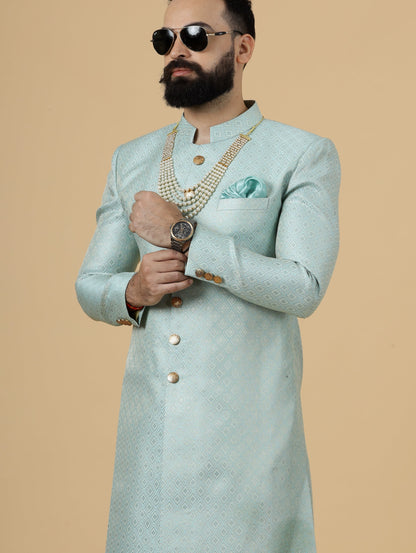 Stunning Sea Foam Banarasi Brocade Achkan for Men | Father Son Combo | Pastel Colour Sherwani | Perfect for Grooms