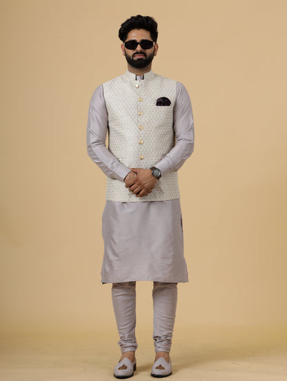 Alluring Mocha Brown Thread Embroidered Silk Half Jodhpuri Jacket with Lilac Kurta-Pajama for Men