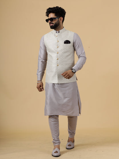 Alluring Mocha Brown Thread Embroidered Silk Half Jodhpuri Jacket with Lilac Kurta-Pajama for Men