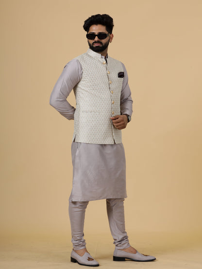 Alluring Mocha Brown Thread Embroidered Silk Half Jodhpuri Jacket with Lilac Kurta-Pajama for Men