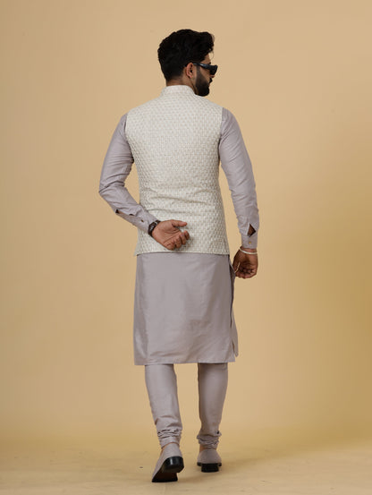 Alluring Mocha Brown Thread Embroidered Silk Half Jodhpuri Jacket with Lilac Kurta-Pajama for Men