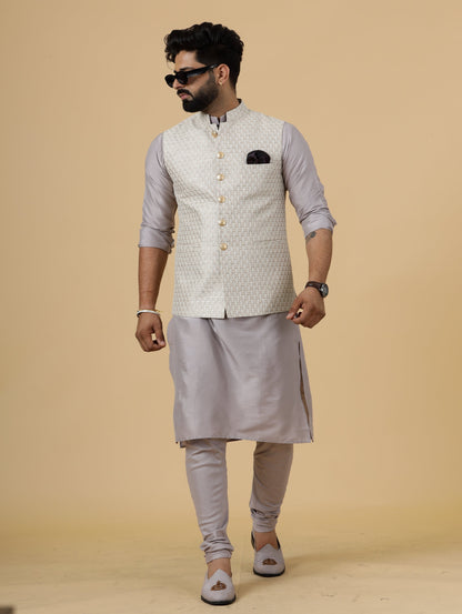 Alluring Mocha Brown Thread Embroidered Silk Half Jodhpuri Jacket with Lilac Kurta-Pajama for Men