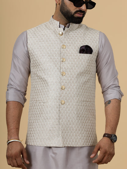 Alluring Mocha Brown Thread Embroidered Silk Half Jodhpuri Jacket with Lilac Kurta-Pajama for Men