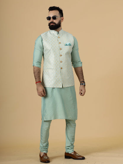 Stunning Golden-Blue Banarasi Silk Half Jodhpuri Jacket with Sea Green Kurta-Pajama for Men