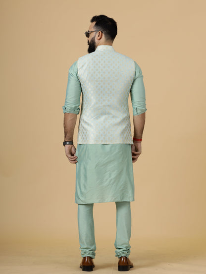 Stunning Golden-Blue Banarasi Silk Half Jodhpuri Jacket with Sea Green Kurta-Pajama for Men