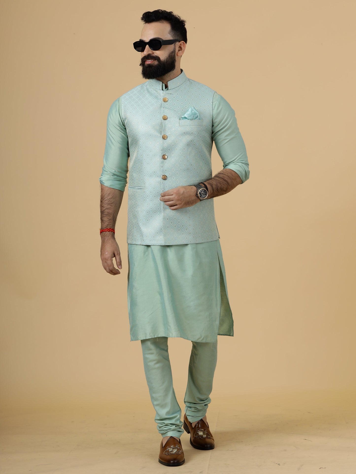 Stunning Sea Foam Geometric Pattern Brocade Silk Half Jodhpuri Jacket with Sea Green  Kurta-Pajama for Men