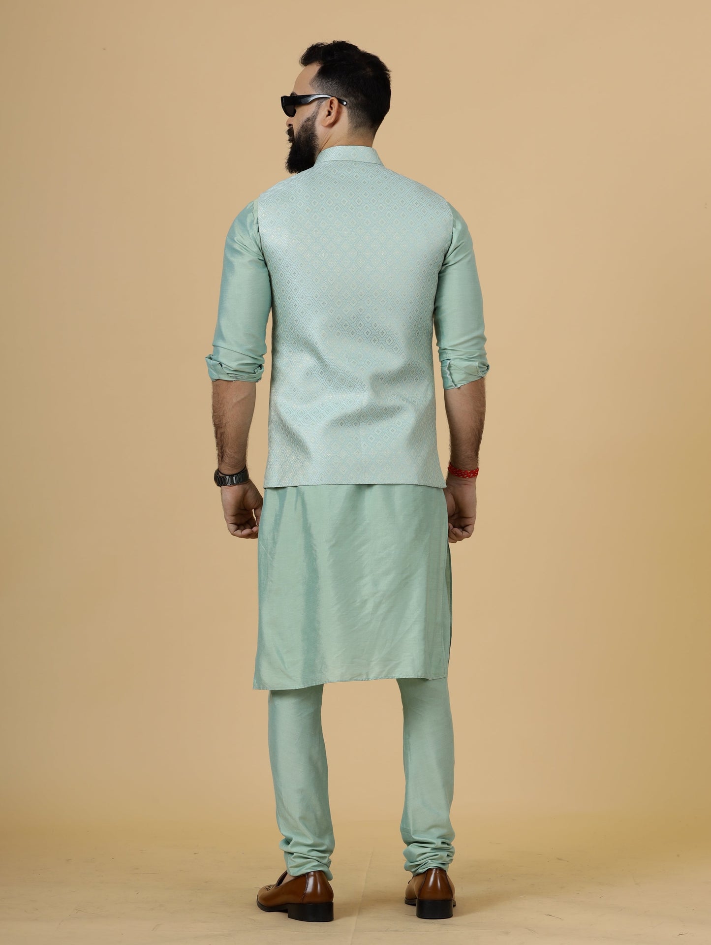 Stunning Sea Foam Geometric Pattern Brocade Silk Half Jodhpuri Jacket with Sea Green  Kurta-Pajama for Men