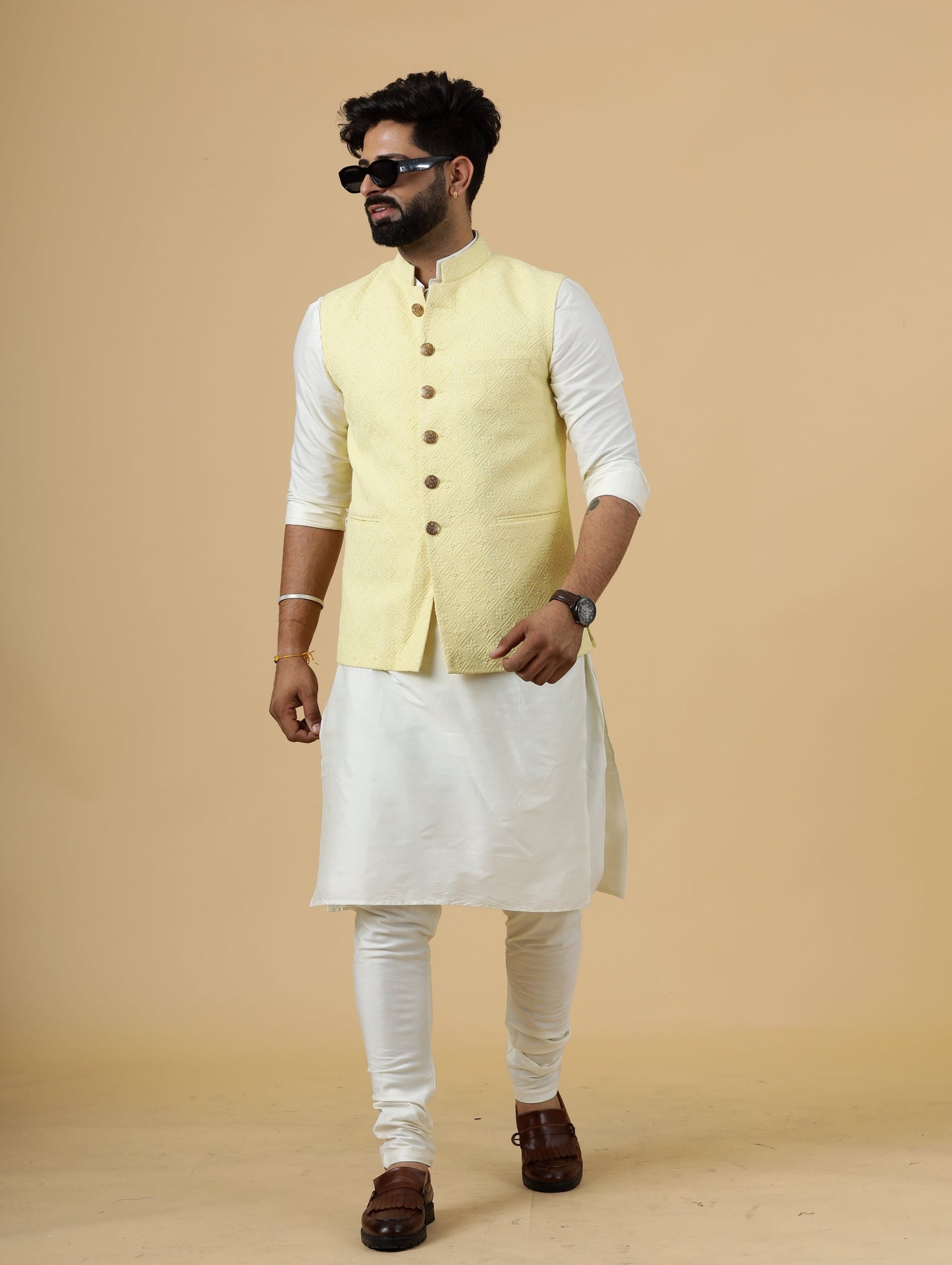 Classy Yellow Chikankari Half Jodhpuri Jacket with Off-Wjite Kurta-Pajama for Men