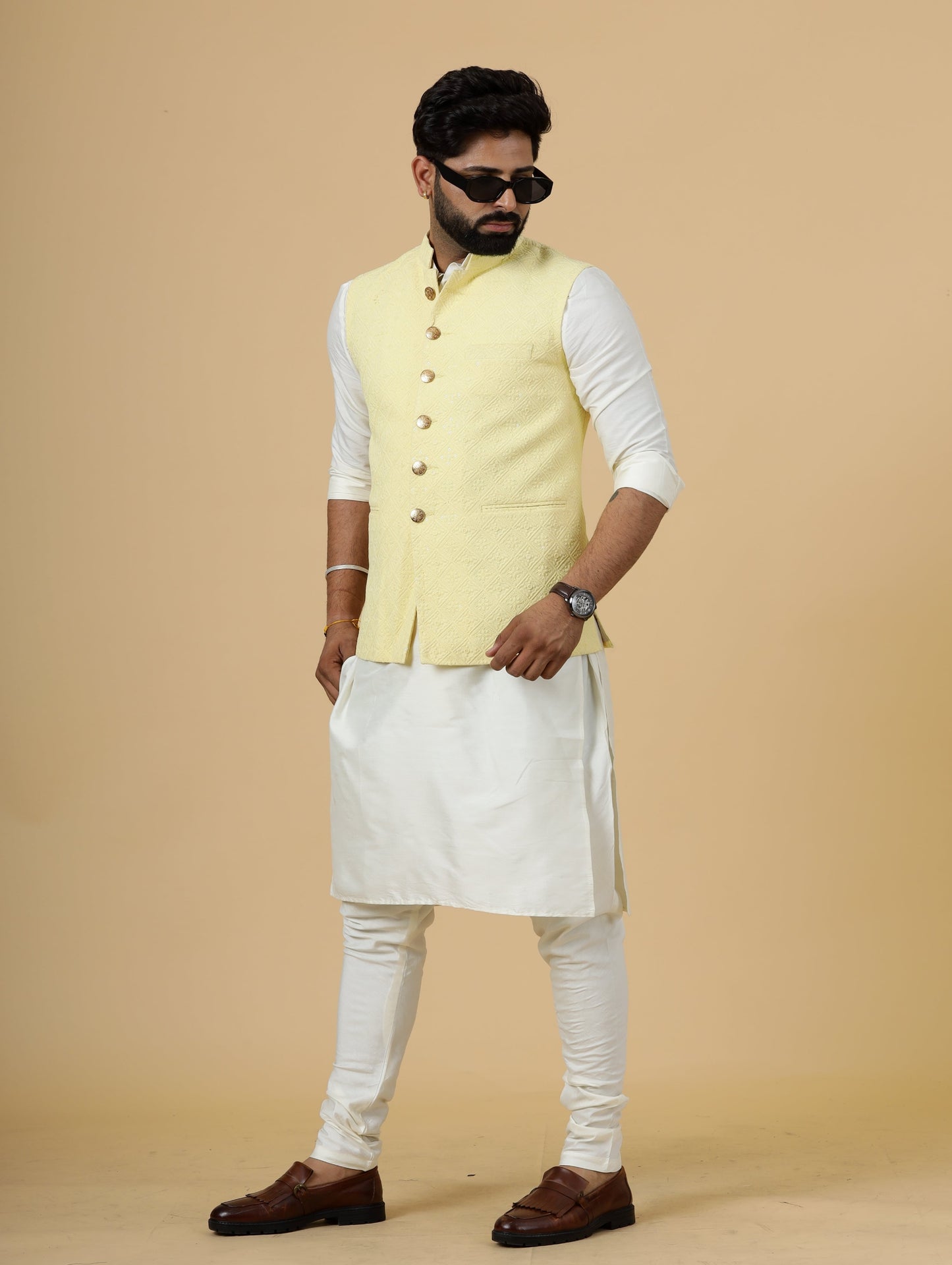 Classy Yellow Chikankari Half Jodhpuri Jacket with Off-Wjite Kurta-Pajama for Men