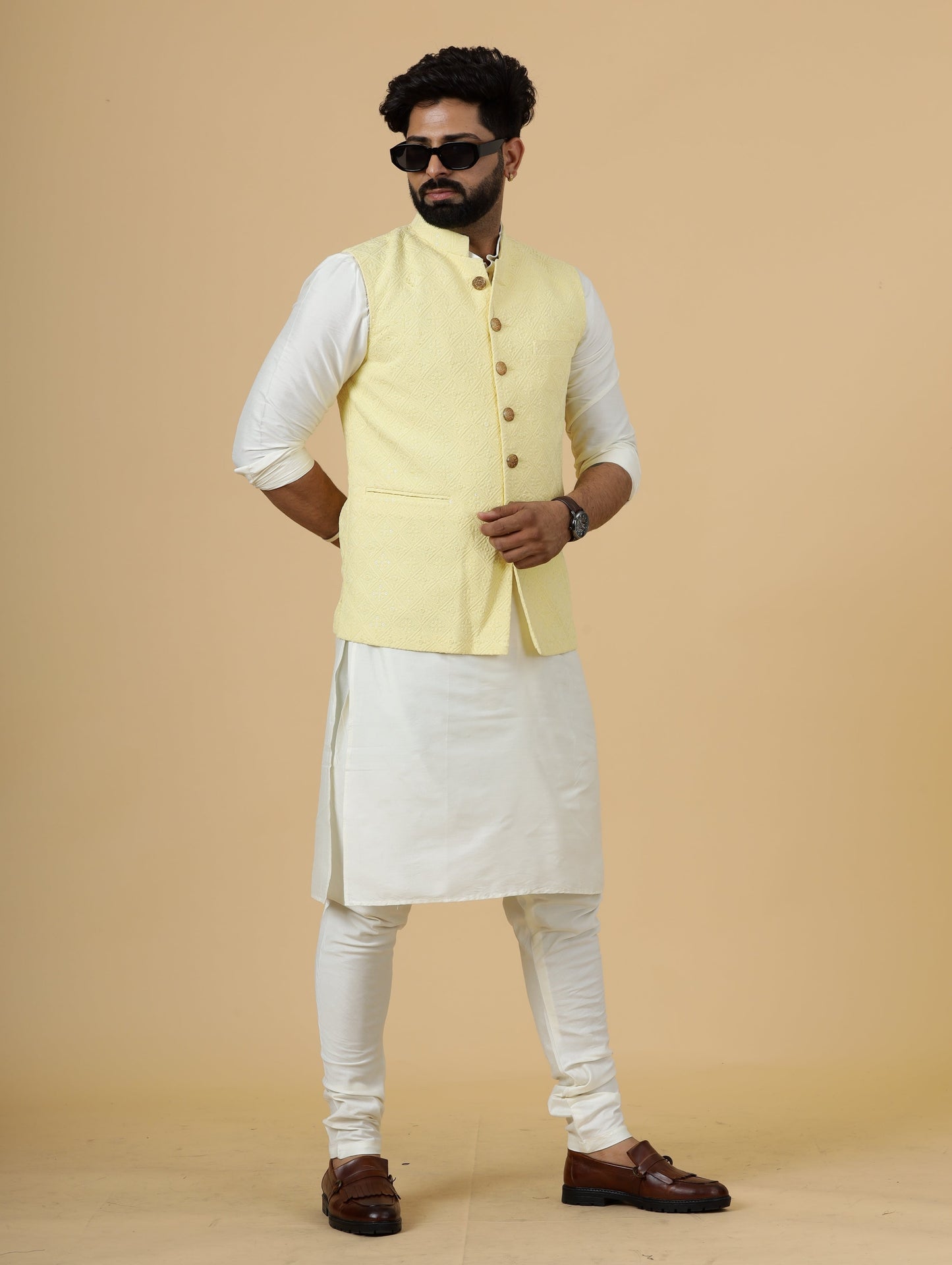 Classy Yellow Chikankari Half Jodhpuri Jacket with Off-Wjite Kurta-Pajama for Men