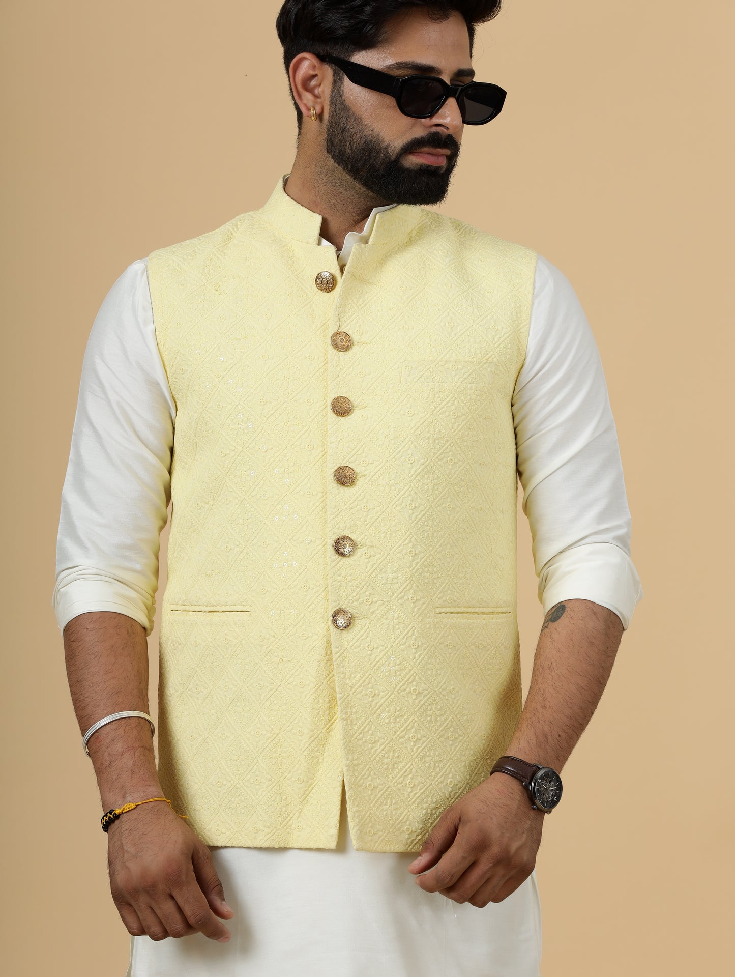 Classy Yellow Chikankari Half Jodhpuri Jacket with Off-Wjite Kurta-Pajama for Men