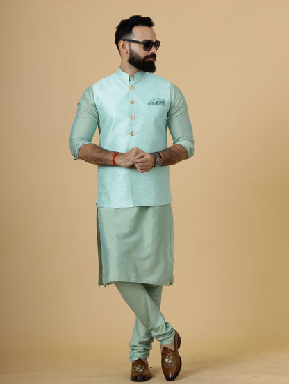 Classic Seafoam Green Banarasi silk Half Jodhpuri Jacket with Sea Green Kurta-Pajama for Men