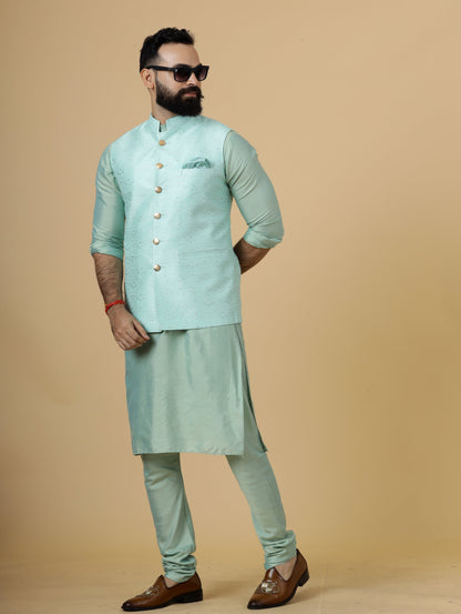 Classic Seafoam Green Banarasi silk Half Jodhpuri Jacket with Sea Green Kurta-Pajama for Men