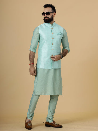 Classic Seafoam Green Banarasi silk Half Jodhpuri Jacket with Sea Green Kurta-Pajama for Men