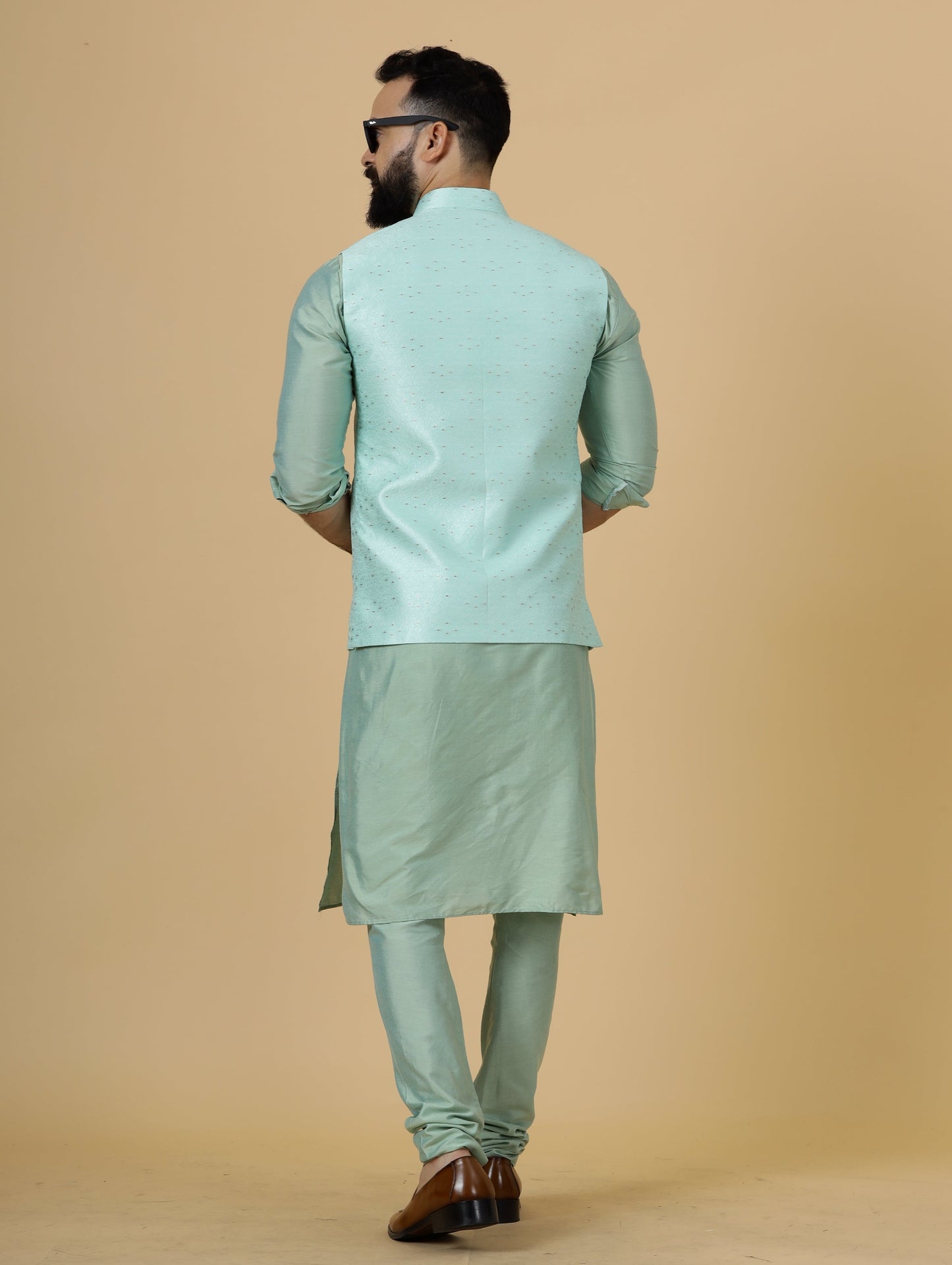 Classic Seafoam Green Banarasi silk Half Jodhpuri Jacket with Sea Green Kurta-Pajama for Men