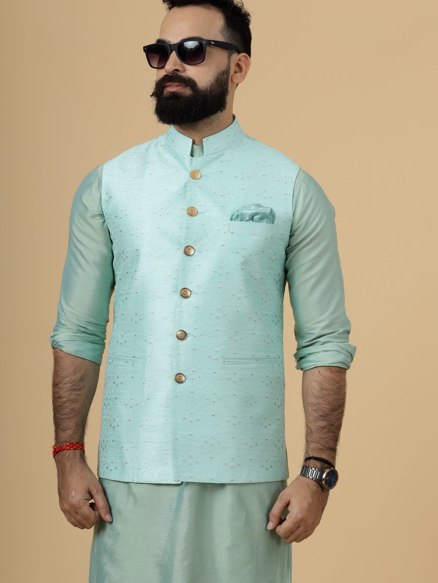 Classic Seafoam Green Banarasi silk Half Jodhpuri Jacket with Sea Green Kurta-Pajama for Men