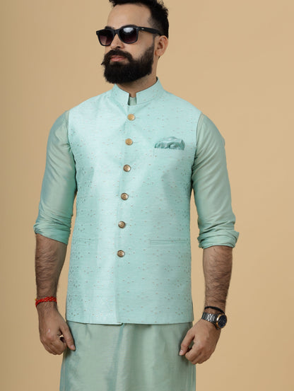 Classic Seafoam Green Banarasi silk Half Jodhpuri Jacket with Sea Green Kurta-Pajama for Men