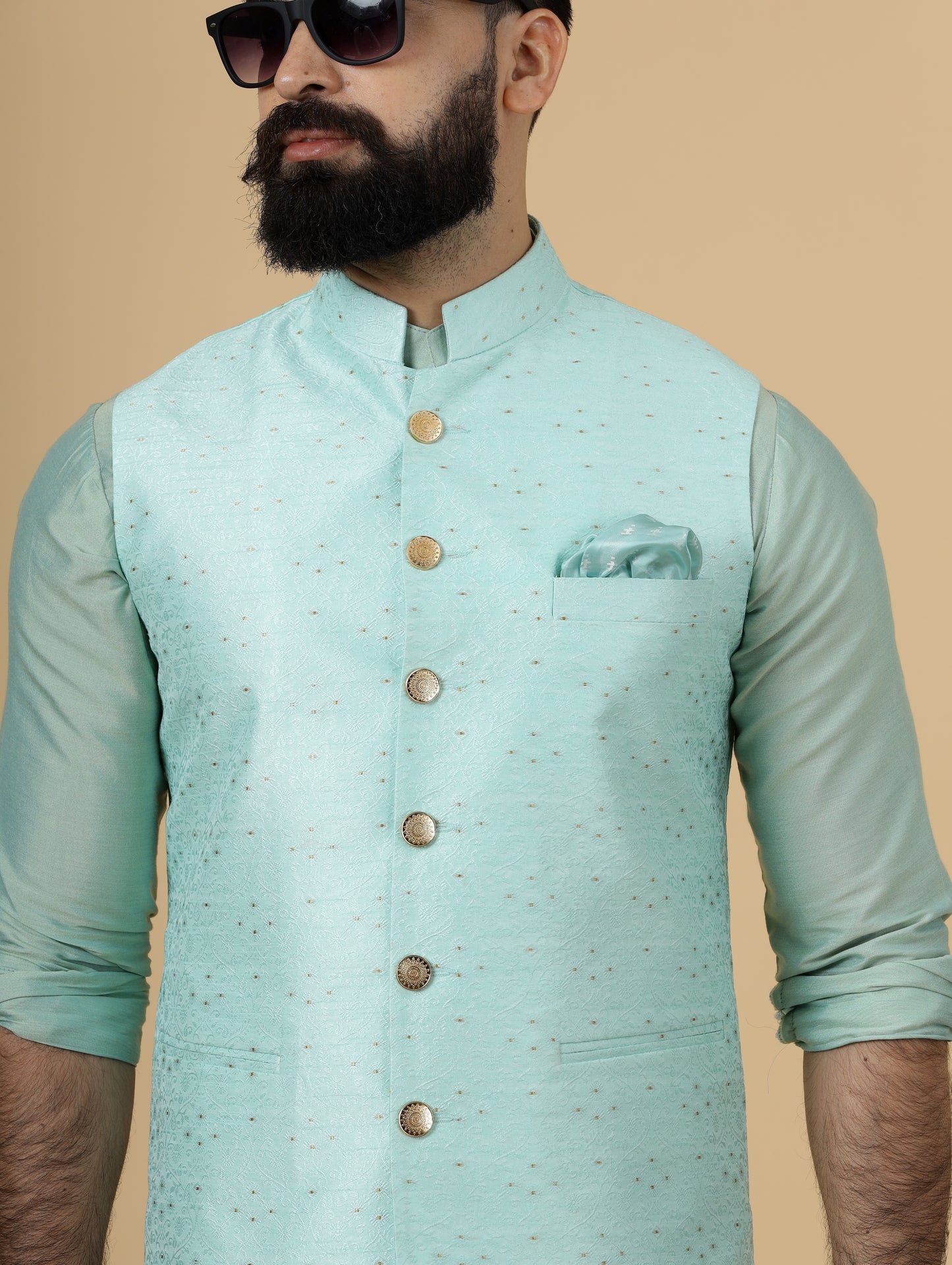 Classic Seafoam Green Banarasi silk Half Jodhpuri Jacket with Sea Green Kurta-Pajama for Men