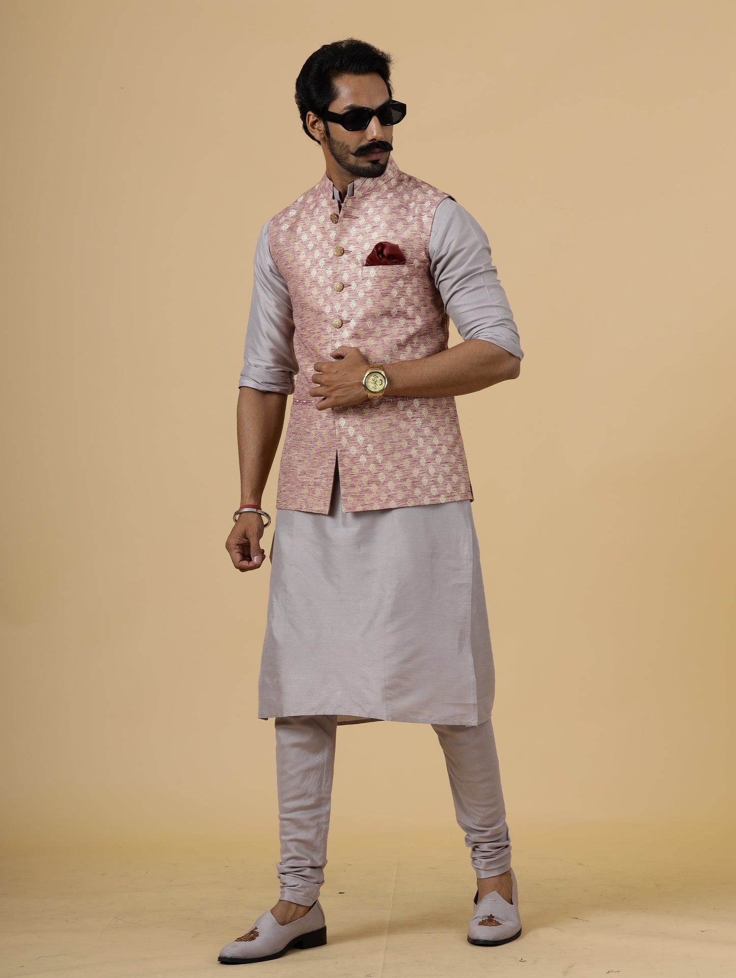 Alluring Rose Gold Banarsi Silk Half Jodhpuri Jacket with Lilac Kurta-Pajama for Men