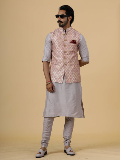 Alluring Rose Gold Banarsi Silk Half Jodhpuri Jacket with Lilac Kurta-Pajama for Men