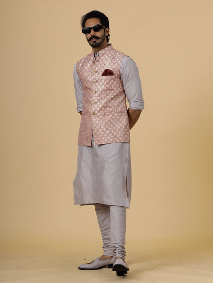 Alluring Rose Gold Banarsi Silk Half Jodhpuri Jacket with Lilac Kurta-Pajama for Men