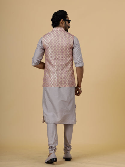 Alluring Rose Gold Banarsi Silk Half Jodhpuri Jacket with Lilac Kurta-Pajama for Men