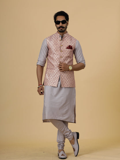 Alluring Rose Gold Banarsi Silk Half Jodhpuri Jacket with Lilac Kurta-Pajama for Men