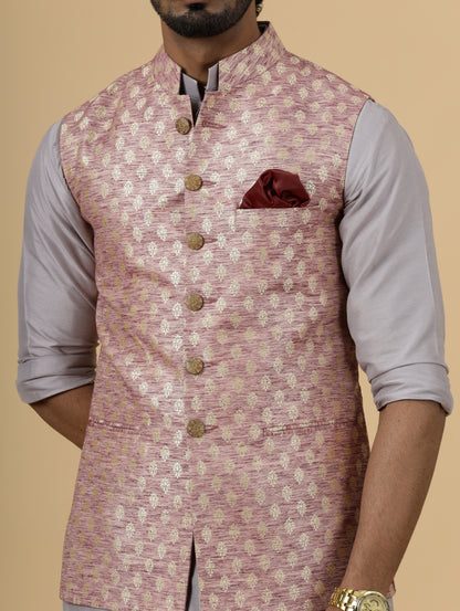 Alluring Rose Gold Banarsi Silk Half Jodhpuri Jacket with Lilac Kurta-Pajama for Men