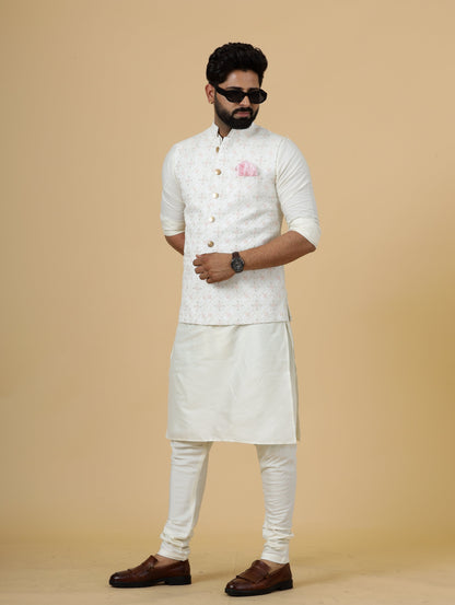 Stunning White Thread Embroidered Silk Half Jodhpuri Jacket with Off-White Kurta-Pajama for Men