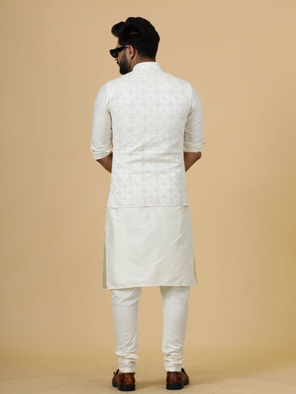 Stunning White Thread Embroidered Silk Half Jodhpuri Jacket with Off-White Kurta-Pajama for Men