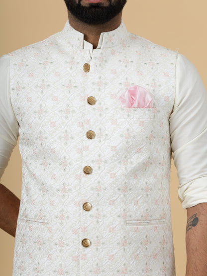 Stunning White Thread Embroidered Silk Half Jodhpuri Jacket with Off-White Kurta-Pajama for Men