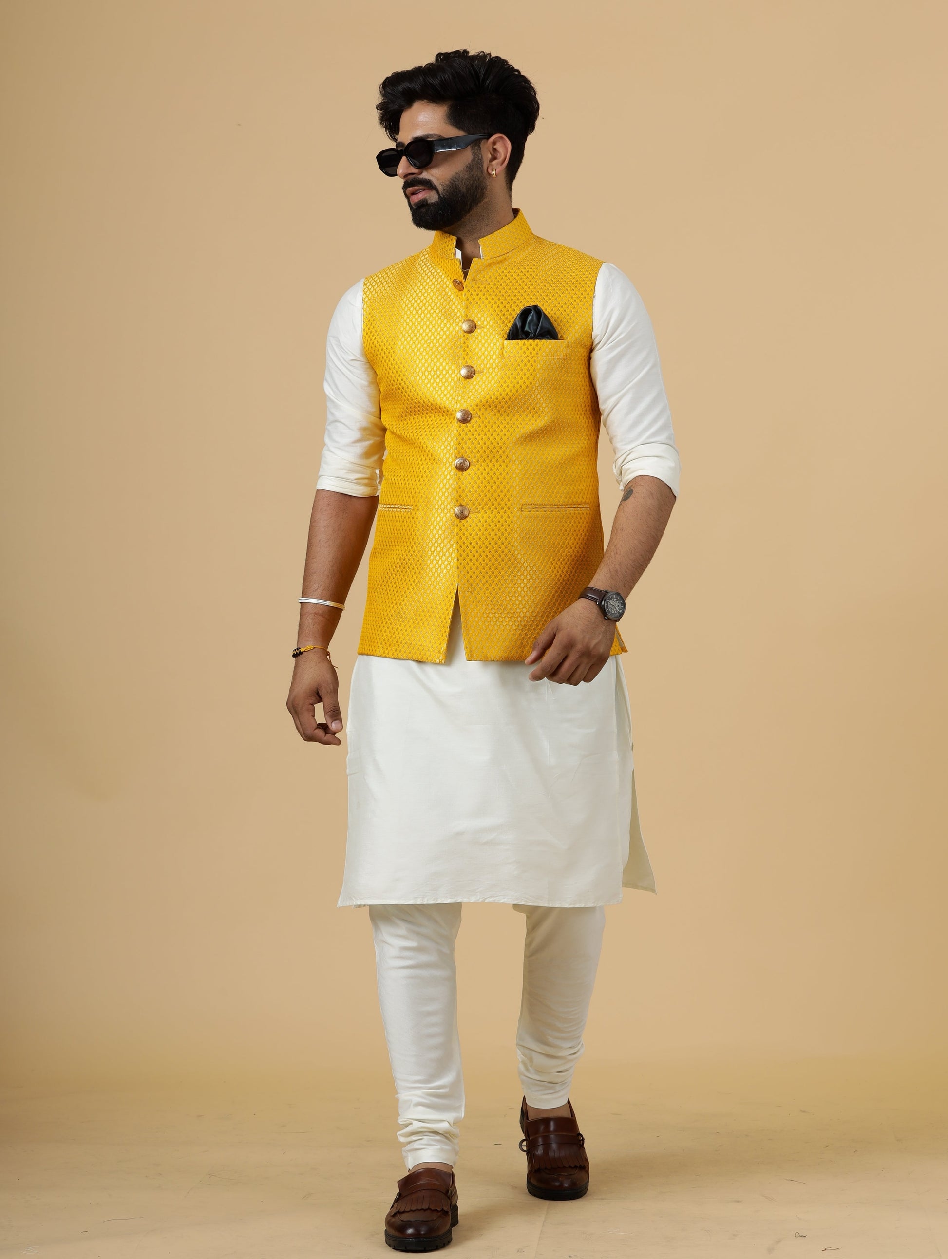 Classy Bright Yellow Brocade Silk Half Jodhpuri Jacket with Off-White Kurta-Pajama for Men My Personal Fit XS