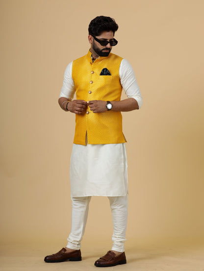 Classy Bright Yellow Brocade Silk Half Jodhpuri Jacket with Off-White Kurta-Pajama for Men