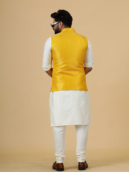 Classy Bright Yellow Brocade Silk Half Jodhpuri Jacket with Off-White Kurta-Pajama for Men