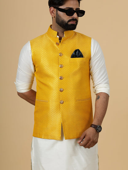 Classy Bright Yellow Brocade Silk Half Jodhpuri Jacket with Off-White Kurta-Pajama for Men