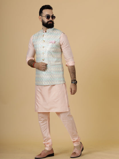 Classy Ivory Thread Embroidered Silk Half Jodhpuri Jacket with Peach Kurta-Pajama for Men