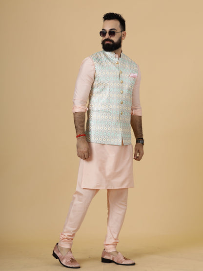 Classy Ivory Thread Embroidered Silk Half Jodhpuri Jacket with Peach Kurta-Pajama for Men